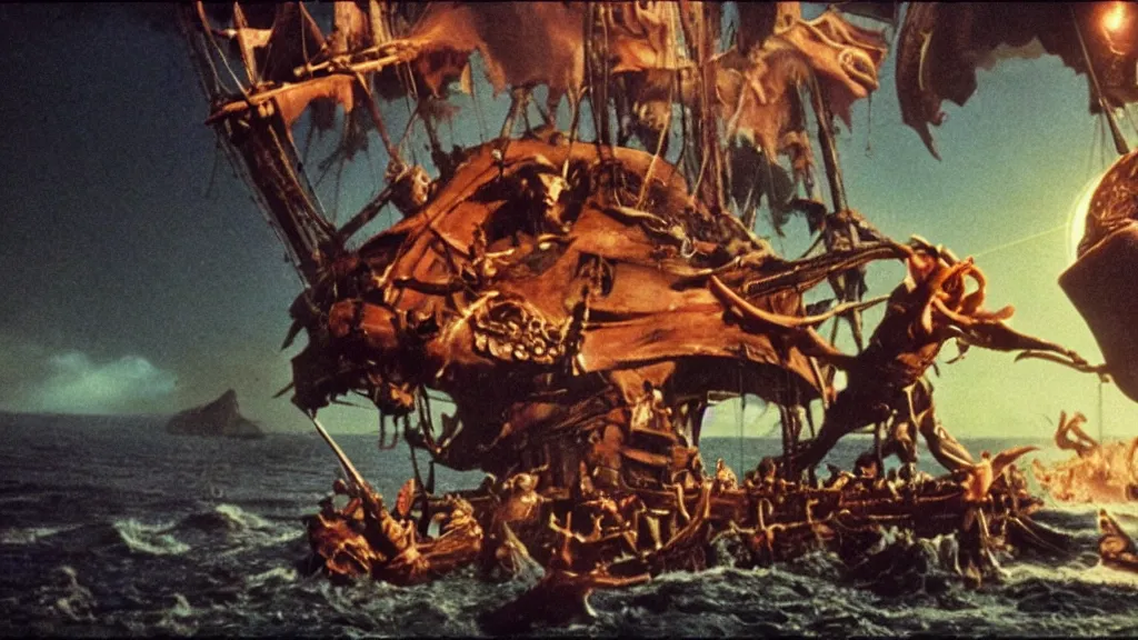 Prompt: still from a stop motion animated movie about a giant cyclops attacking a pirate ship by ray harryhausen, nineteen seventy five, cinematic lighting, ultra realistic, panavision, wide screen, saturated color, seventies cinema, vintage, sword and sorcery