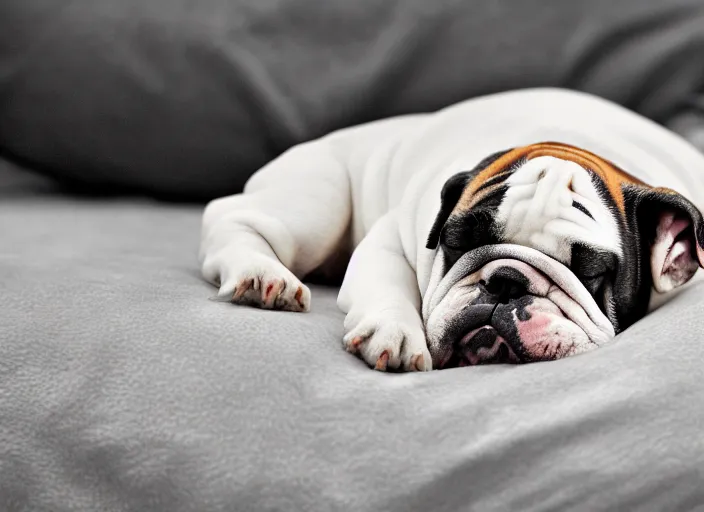 Prompt: a closeup, 4 5 mm, portrait of a sleeping english bulldog in a bed, on a pillow, low light, 4 5 mm, by franz lanting