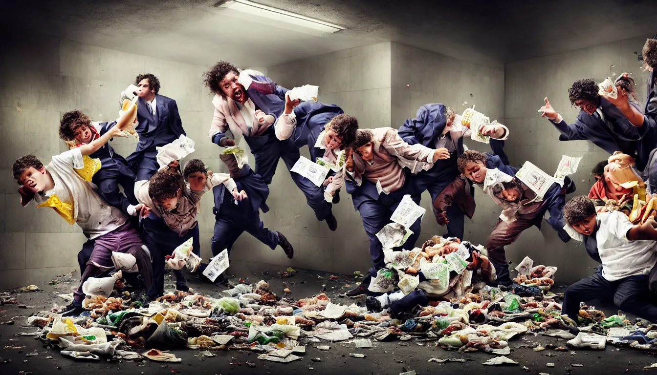 Image similar to disheveled children in rags and obese men in suits fighting in a squalid subway over piles half eaten fast food and money, hyper realistic photo, full colour, upscale, 8 k