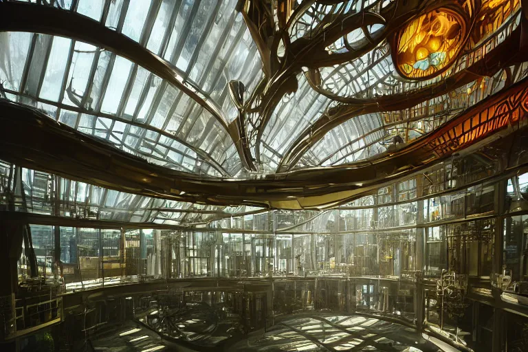 Prompt: a futuristic steampunk science building interior lobby on the ground floor, walls made of huge glass panes ornate posts and beams and futuristic architecture, built in the middle of a lush tropical rainforest, realistic backlit afternoon lighting, very strong light streaks coming from above, shot with a canon 35mm lens
