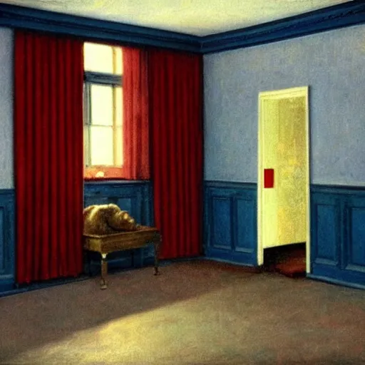 Image similar to an ivory golden demon in a blue and red haunted liminal abandoned room, film still by edward hopper, by gottfried helnwein, by klimt, art noveau, highly detailed, strong lights, liminal, eerie, bright pastel colors,