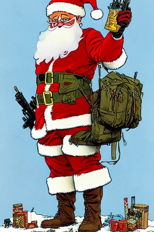 Image similar to concept of Santa Claus holding a M61 Vulcan and wearing an army harness vest full of pouches, by Geof Darrow and Simon Bisley, detailed, full body