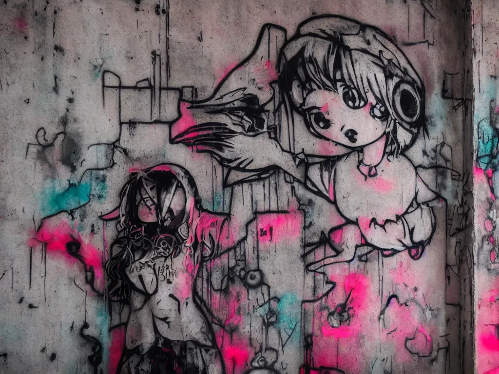 Image similar to graffiti in an abandoned bunker, cute fumo plush gothic black enigmatic maiden girl painted in spilt red ink and washed watercolor, neon light, avant garde pop art, filmic, daylight, captured on canon eos r 6