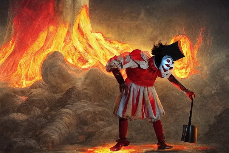 Prompt: pennywise as pulcinella! making pizza, in the backgroun vesuvius spewing lava, by esao andrews, by james jean, post - apocalyptic, hyperrealistic, big depth of field, black sky, glowing pools of lava, 3 d octane render, 4 k, conceptart, masterpiece, hyperrealistic, trending on artstation