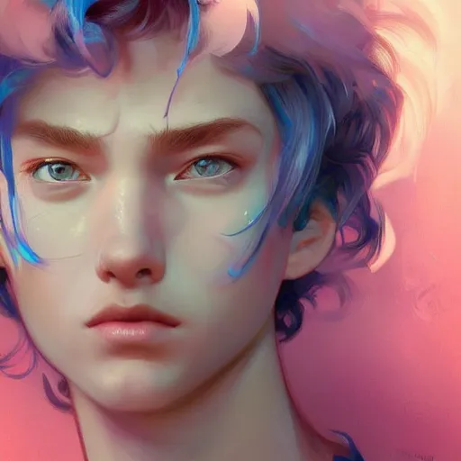 Prompt: young boy, blue hair, pink eyes, gorgeous, amazing, feminine, elegant, intricate, highly detailed, digital painting, artstation, concept art, sharp focus, portrait, illustration, art by artgerm and greg rutkowski and alphonse mucha