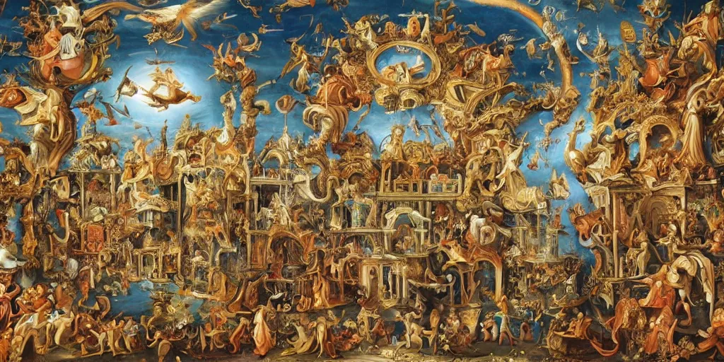 Prompt: beautiful ornate heavenly marble rococo megastructure in the style of heironymus bosch, colorful light intricate masterpiece, hyper detailed, hd