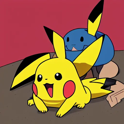 Image similar to pikachu laying down in fetal position, machoke behind him