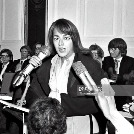 Prompt: French pop star Daphne LaCroix argues in favor of worker's rights with German New-Trad Intellectuals in Berlin, March, 1978