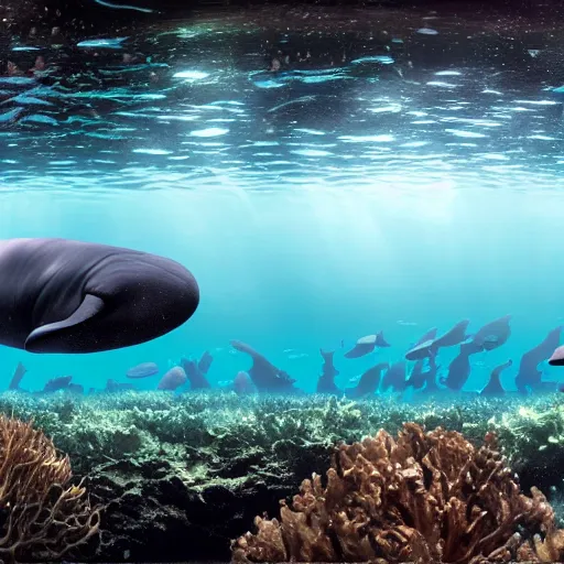 Image similar to hyperrealistic underwater photography, panoramic picture of an ocean floor with some baluga whales. focus on the whales. the whales are anatomically correct and highly detailed. lots of bubbles. seaweed and some rocks. gloomy scattered light entering from the water surface, trending on artstation, hq, 8 k