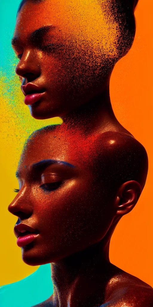 Prompt: portrait of very beautiful woman, face emerging from pool of colorful oils, brown skin, realism, extreme detail, real life, key art, soft light, volumetric light, 3 - d shadows, photo by james jean and wlop, photoshoot