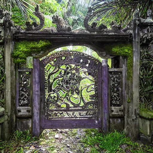 Image similar to balinese split gate. fantasy concept art. overgrown, mossy, cracked and worn