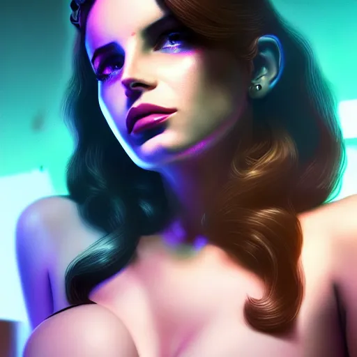 Image similar to portrait of lana del rey as a cyborg. intricate abstract. intricate artwork cyberpunk by tooth wu, wlop, beeple, dan mumford. octane render, trending on artstation, greg rutkowski ruan jia, cinematic, hyper realism, unreal 4, high detail, octane render, 8 k, key art, iridescent accents