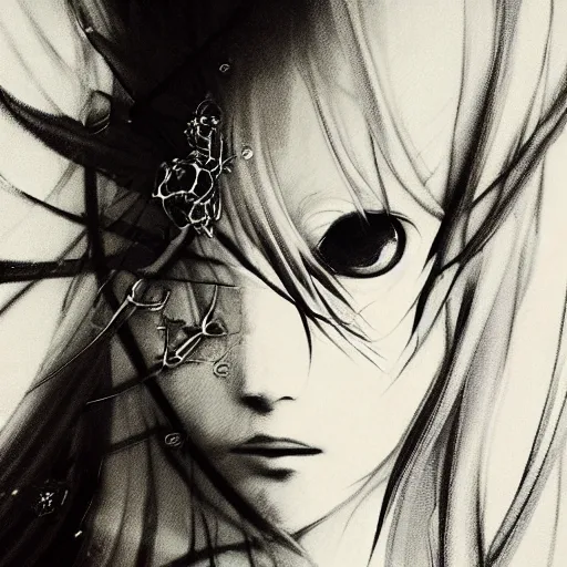 Image similar to Yoshitaka Amano blurred and dreamy illustration of an anime girl with a pirate eye patch, wavy white hair and cracks on her face wearing Elden ring armour with the cape fluttering in the wind, closeup shot, abstract black and white patterns on the background, noisy film grain effect, highly detailed, Renaissance oil painting, weird portrait angle