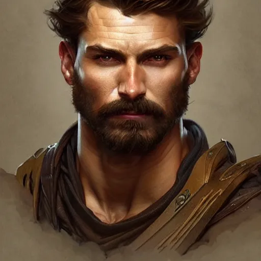 Image similar to portrait of a rugged ranger, muscular, upper body, hairy torso, D&D, fantasy, intricate, elegant, highly detailed, digital painting, artstation, concept art, matte, sharp focus, illustration, art by Artgerm and Greg Rutkowski and Alphonse Mucha