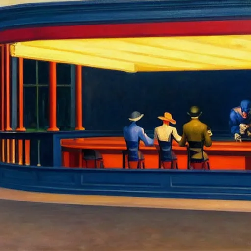 Prompt: 1942 oil on canvas painting by Edward Hopper, Nighthawks, Marvel Superheros