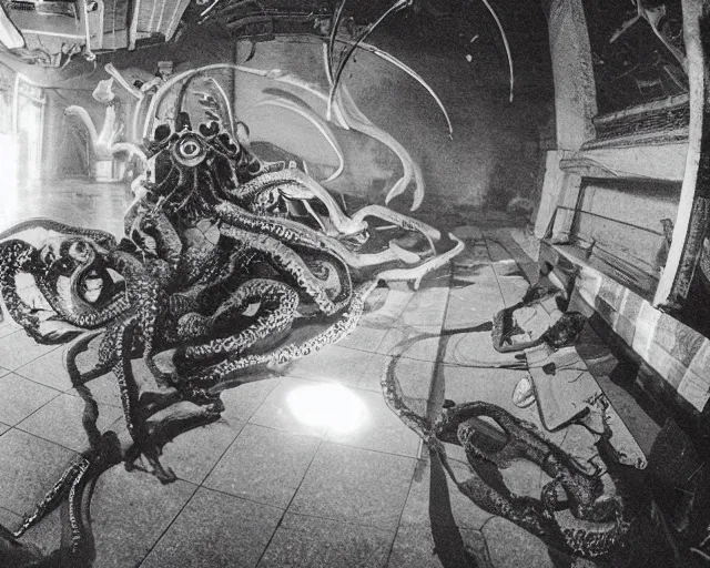 Image similar to camera footage of a extremely aggressive Giant mutated Octopus with glowing white eyes, Human Features, Teeth, in an abandoned shopping mall, Psychic Mind flayer, Terrifying, Silhouette :7 , high exposure, dark, monochrome, camera, grainy, CCTV, security camera footage, timestamp, zoomed in, Feral, fish-eye lens, Fast, Radiation Mutated, Nightmare Fuel, Wolf, Evil, Bite, Motion Blur, horrifying, lunging at camera :4 bloody dead body, blood on floors, windows and walls :5