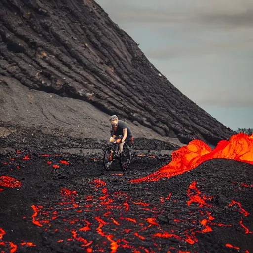 Image similar to elderly man riding a bike in a lava flow, wheelie, stunt, trick, volcano, eruption, magma, lava, canon eos r 3, f / 1. 4, iso 2 0 0, 1 / 1 6 0 s, 8 k, raw, unedited, symmetrical balance, wide angle