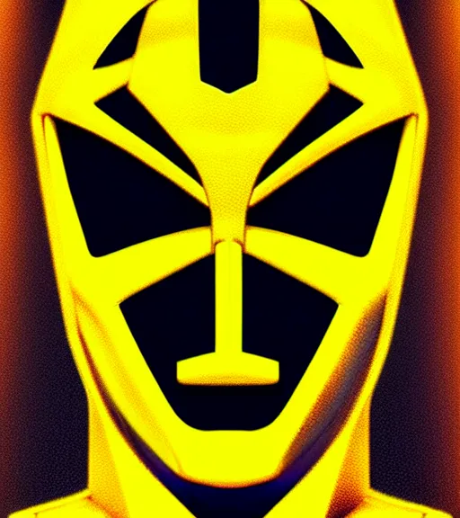 Image similar to symmetry!! yellow ranger, lightning - bolt - shaped helmet!!, hard edges, product render retro - futuristic poster scifi, lasers and neon circuits, yellow ranger, intricate, elegant, highly detailed, digital painting, artstation, concept art, smooth, sharp focus, illustration, dreamlike, art by artgerm