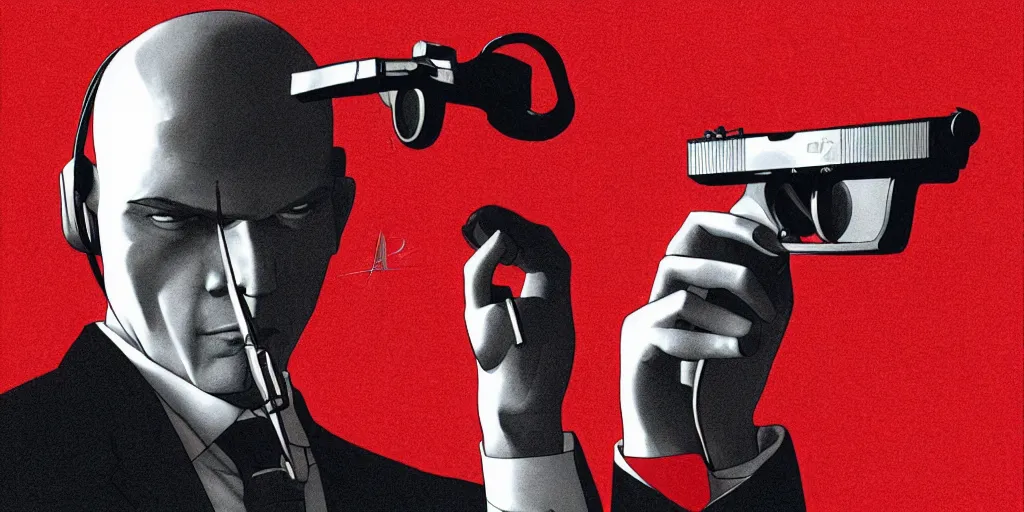 Prompt: a portrait of agent 4 7 from hitman wearing large headphones while pointing a silenced silver handgun, dark background, red rim light, smooth, sharp focus, art by irina french