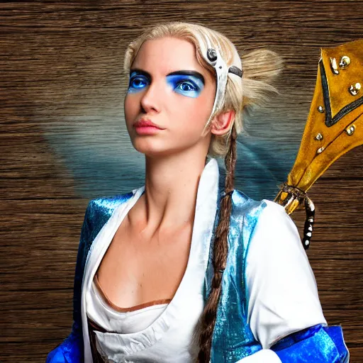 Image similar to Swashbuckling female pirate with iridescent shark skin