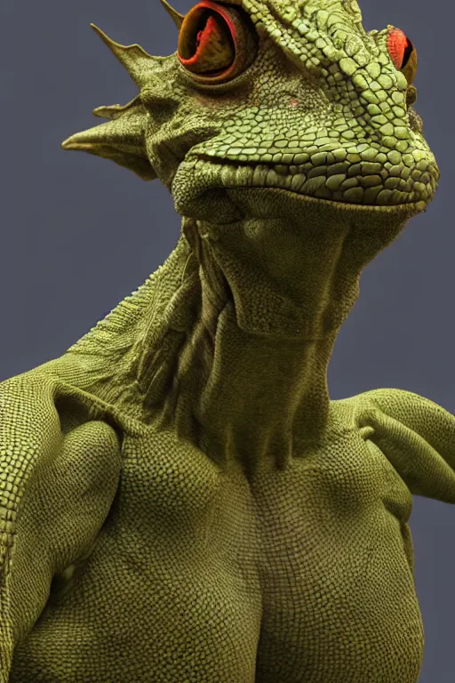 Image similar to a lizard person, human dressed like a frilled neck lizard, dnd, 3 d render, unreal engine, volumetric lighting, artstation