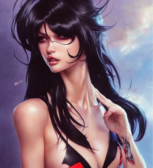 Image similar to portrait of beautiful tall girl cosplay with black hair in bikini without black strong makeup and full body tattooed and high heels and clothes fully on, art by ( ( ( stanley artgerm lau ) ) ) and artgem and wlop and magali villeneuve and karol bak and gennady ulybin and alena aenami
