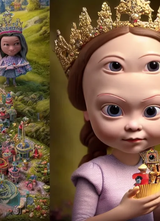 Image similar to highly detailed closeup, face profile portrait of greta thunberg as a tin toy fairytale princess wearing a crown eating cakes, bikini, unreal engine, nicoletta ceccoli, mark ryden, earl norem, lostfish, global illumination, detailed and intricate environment