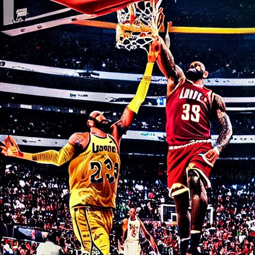 Image similar to a cheetah dunking on lebron james, high definition, very detailed, photorealistic, sports photography,