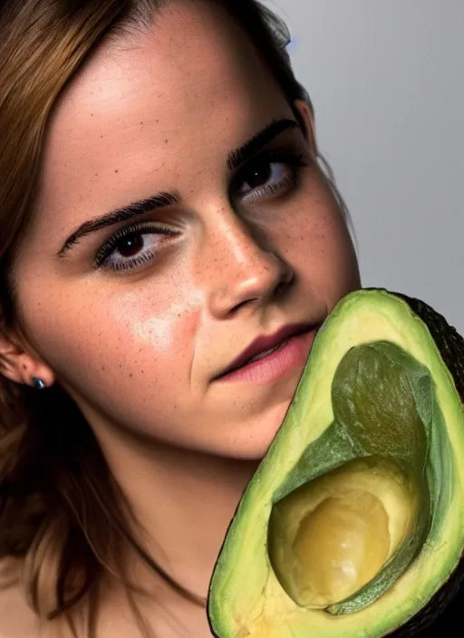 Image similar to emma watson inside an avocado, high quality photography