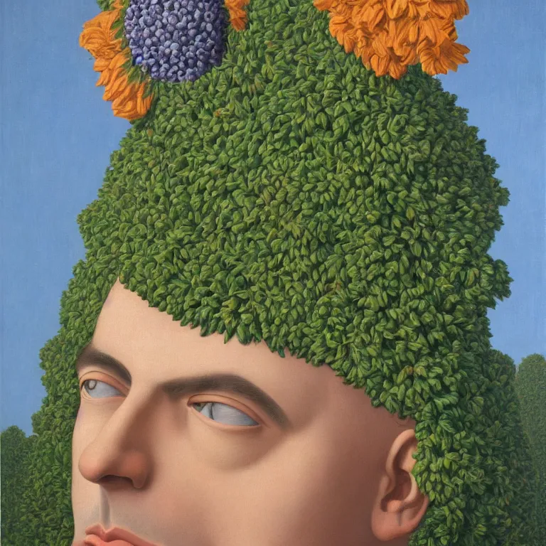 Image similar to portrait of a flower - head man by rene magritte, detailed painting, distance, centered, hd, hq, high resolution, high detail, 4 k, 8 k