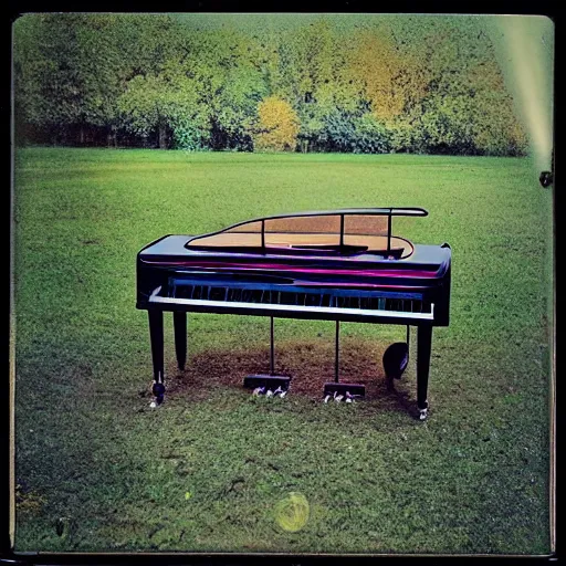 Prompt: a Polaroid photo of a transparent perspex piano in a field, beams of light, nostalgic