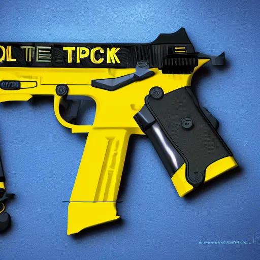 Prompt: black Pistol with yellow hydraulic parts concept art, white background