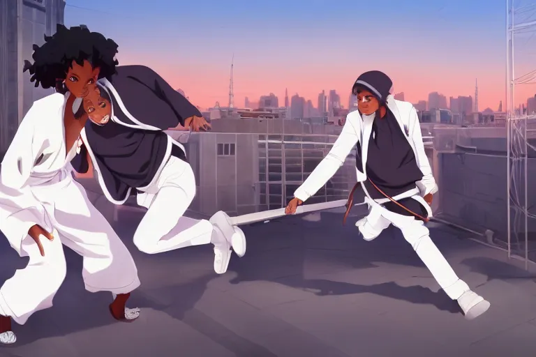 Image similar to a cute young black female ninja nurse wearing a diamond white coat is attacking an old man on a harlem rooftop, lighting, anime scenery by Makoto shinkai