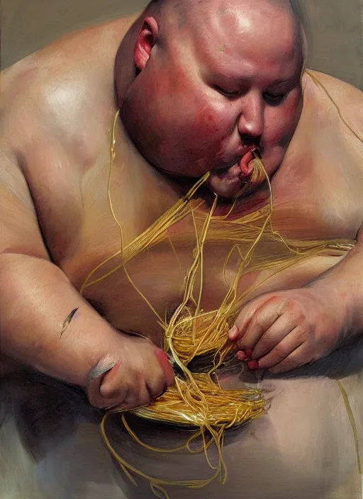 Image similar to high quality high detail painting by jenny saville, hd, a fat man eating spaghetti, photorealistic lighting