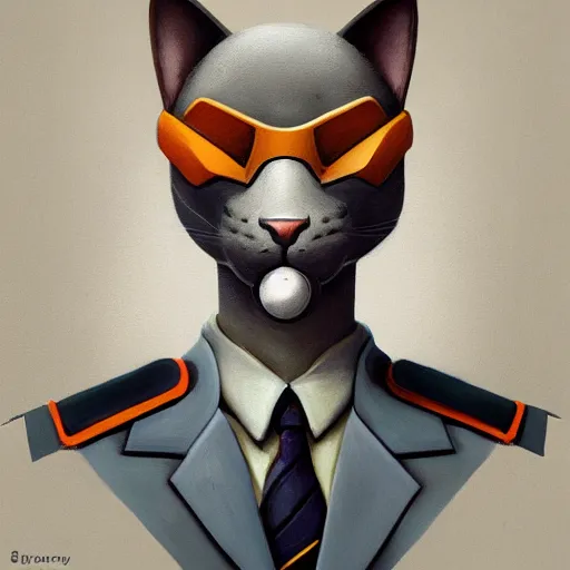 Image similar to Portrait painting of an anthropomorphic gray cat wearing as Soviet leader, as an Overwatch character, medium shot, asymmetrical, profile picture, Organic Painting, sunny day, Matte Painting, bold shapes, hard edges, street art, trending on artstation, by Sergey Kolesov