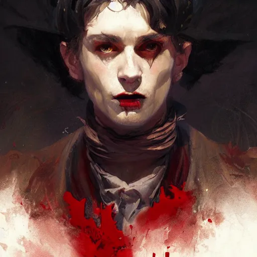 Image similar to an oil art close up portrait of young vampire mage with blood magic in style of disco elysium character, dark paladin character design from d & d, art by anders zorn, wonderful masterpiece by greg rutkowski, beautiful cinematic light, american romanticism by greg manchess, jessica rossier