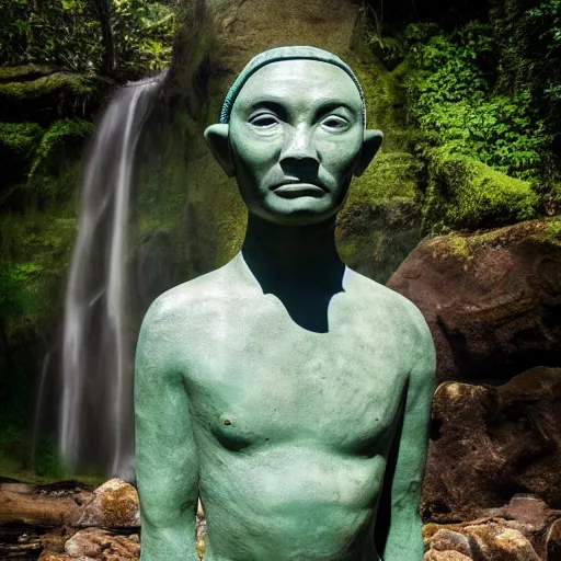 Image similar to Maya stone statue of an alien in front of a beautiful waterfall in the jungle, award winning photography, 8k