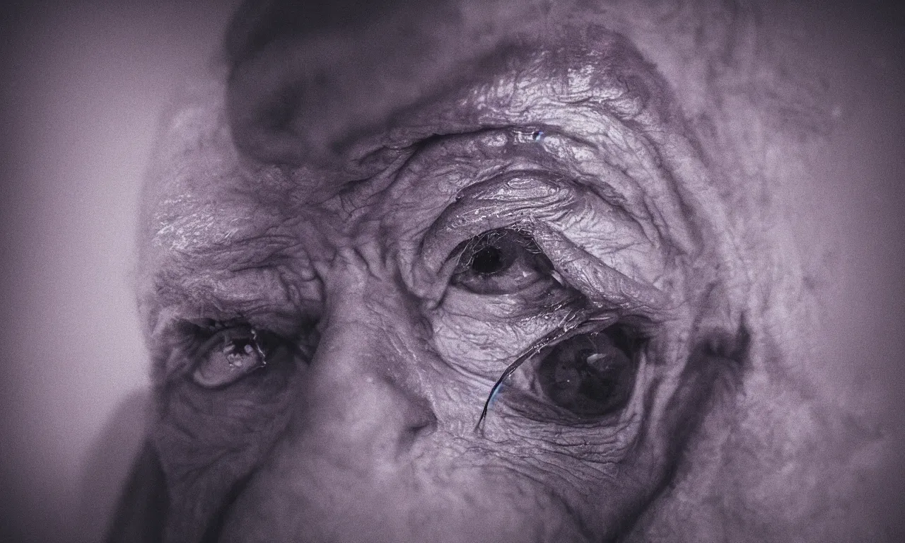 Image similar to a photo of an old man drowning in purple light looking sad with a zoomed in fish eye lens, photorealistic, 4 k, 8 k, ultra hd.