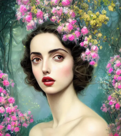 Image similar to portrait of ana de armas in 3 0 s, surrounded by flowers by karol bak, james jean, tom bagshaw, rococo, trending on artstation, cinematic lighting, hyper realism, octane render, 8 k, hyper detailed