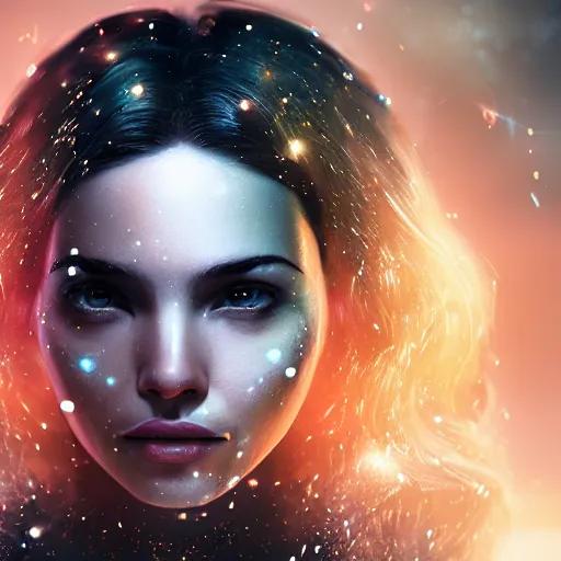 Prompt: woman portrait made out of galaxies, beautiful, cyborg, cinematic, comic book art, realistic, highly detailed, octane render, unreal engine, sharp focus