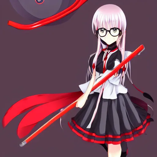 Prompt: advanced digital anime character design sheet, Girl with long braided silver hair and spectacle glasses wearing a black high school outfit and red skirt holding 5 feet scythe Sakimimichan WLOP Artgerm