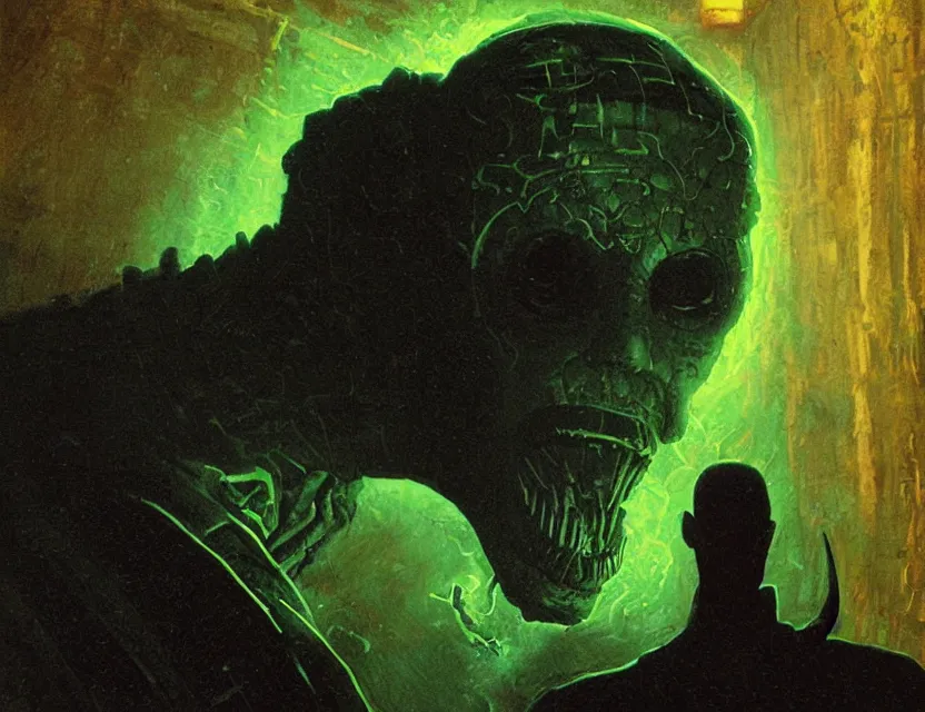 Image similar to a close - up view portrait of a silhouetted supernatural wizard in brutalist halls with metallic alien technology. close - up view, detailed textures. glowing green purple fog, dark black background. highly detailed fantasy science fiction painting by moebius, norman rockwell, frank frazetta, and syd mead. rich colors, high contrast