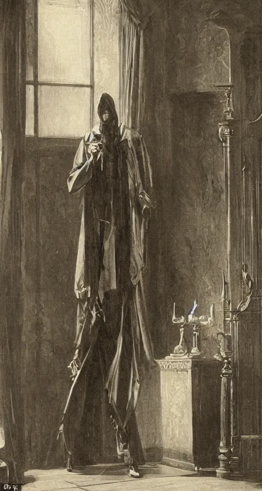 Prompt: an extremely tall vampire stands stooped in the entrance hall of a victorian house, tuomas korpi, george goodwin kilburne