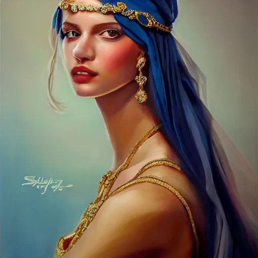 Prompt: detailed painting of a beautiful young Greek female wearing a blue dress with veil by Stanely Artgerm, crystal blue eyes, gold jewellery, long pearly black hair, majestic, beauty, dramatic light, turquoise color scheme, face portrait, ultra realistic, hyper realistic, fantasy, hdr, Trending on Artstation