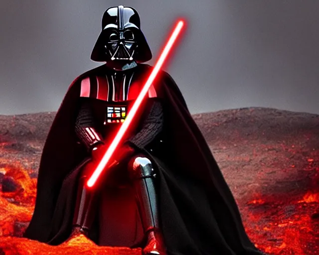 Prompt: Darth Vader sits on his throne in a volcano, cinematic