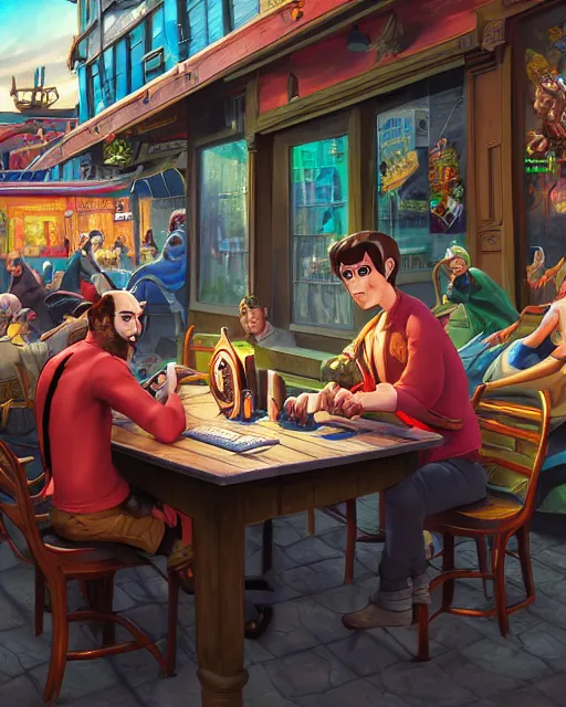 Prompt: an epic fantasy comic book style portrait painting of men having a computer lan outside a restaurant, beers on the table, character design by mark ryden and pixar and hayao miyazaki, unreal 5, daz, hyperrealistic, octane render, cosplay, rpg portrait, dynamic lighting, intricate detail, summer vibrancy, cinematic,