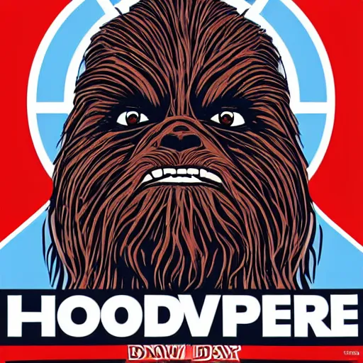 Image similar to chewbacca presidential election poster showing close up of chewbacca face red and blue duotone screenprint by sheperd fairey