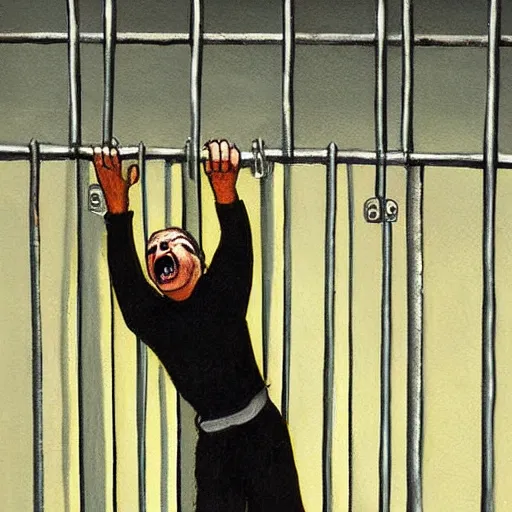 Image similar to a screaming prisoner holding prison bars, realism old painting