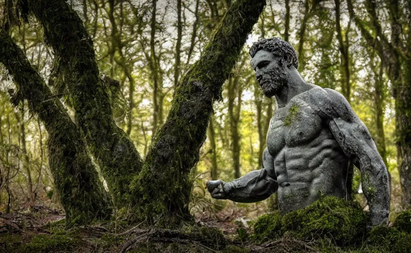 Image similar to a mossy greek marble statue of a very muscular man abandoned in the middle of a forest near a lake at sunset, concept art, godrays, complementary colors, calm, relaxing, beautiful landscape, highly detailed, high quality, 4k HDR, path tracing, serene landscape, high coherence, soft lighting