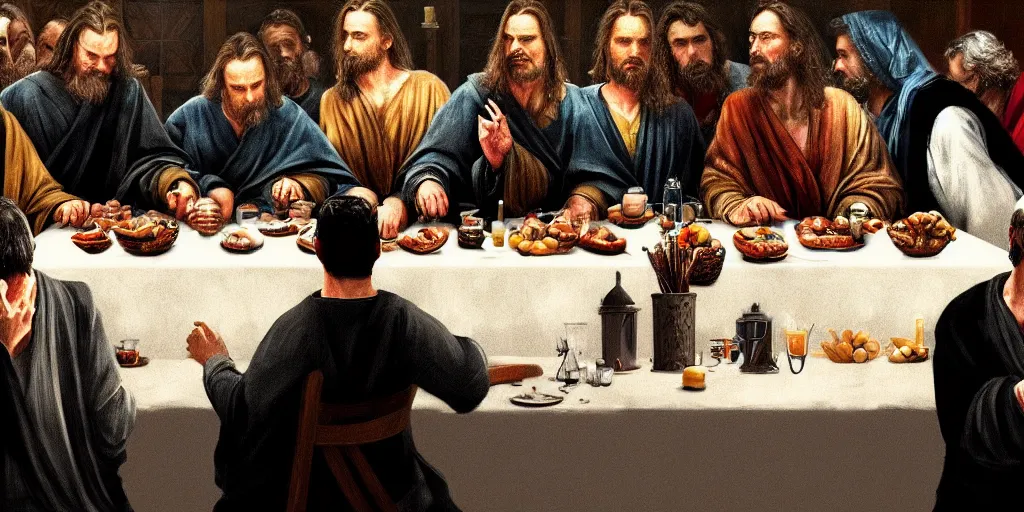 Prompt: christopher nolan last supper, digital painting, trending on artstation, sharp focus, 4 k